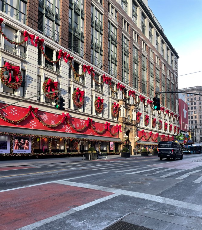 Macy's holiday window decorations in New York City during Christmas