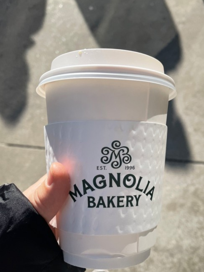 Magnolia Bakery cup during NYC holiday trip, famous banana pudding treat.